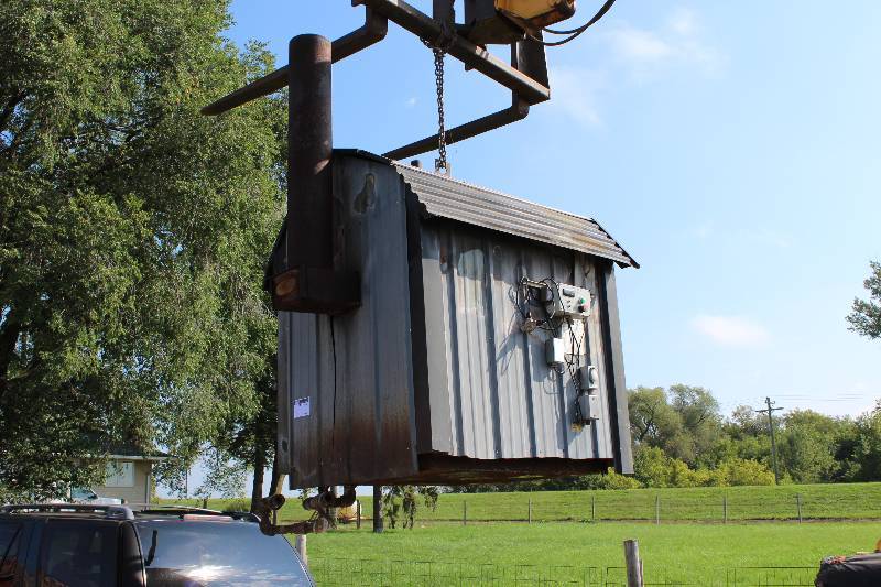 lot 6 image: Central Boiler wCorrugated Metal Housing & Smoke Stack Fan OnOff Switch 78 x 55 x 92.