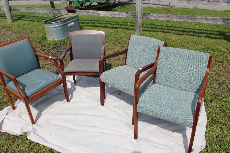 lot 20 image: Lot of (4) Wooden Chairs wArm Rests & Blue Green Upholstery 22 x 21 x 32.5.