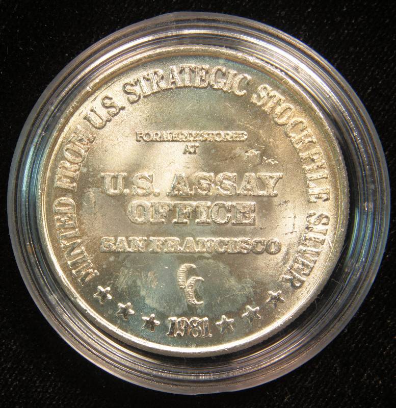 PRE AMERICAN SILVER EAGLE 1 TROY OZ. .999 FINE SILVER ROUND MINTED FROM STRATEGIC STOCKPILE OF SILVER STORED AT US ASSAY OFFICE SAN FRANCISCO 1981
