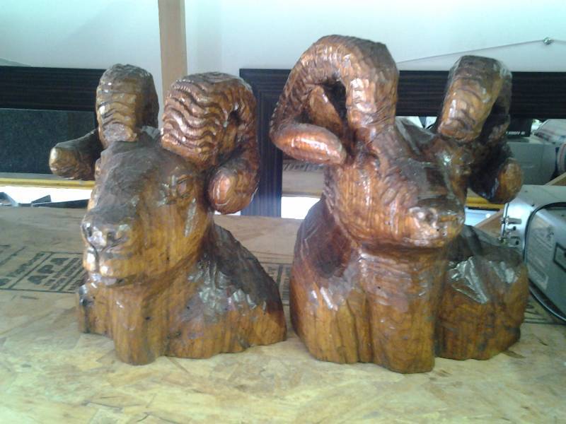 Pair Of Rams Head Wood Carvings