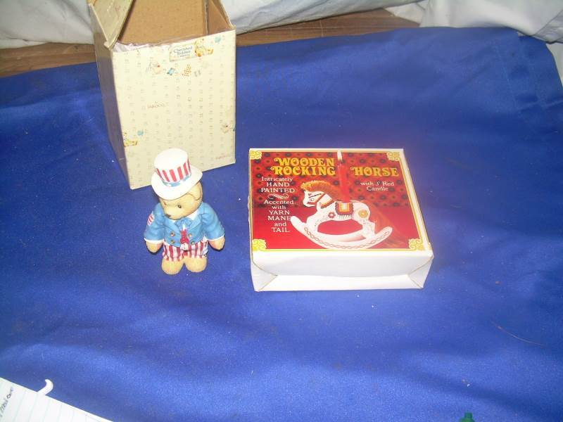 1 vintage cherished teddy and 1 wooden rocking horse