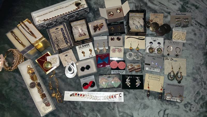 Pierced earrings, bracelets, and a necklace.