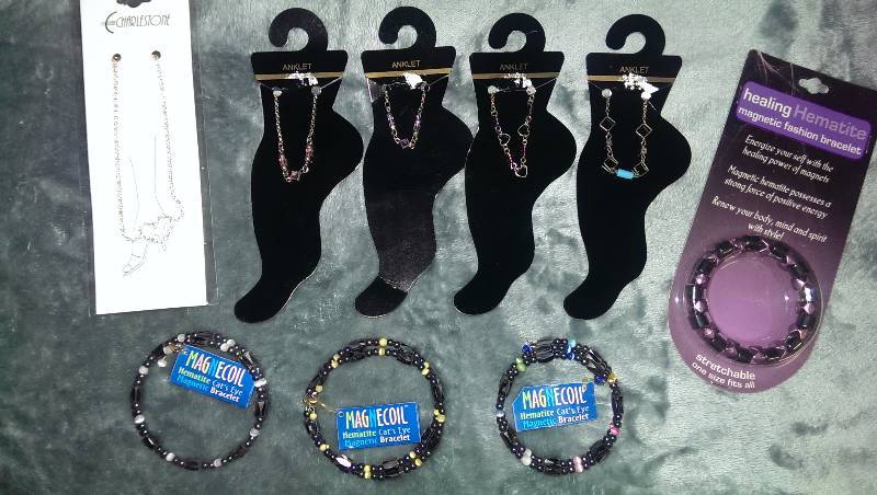 Five anklets and four hemitite bracelets.