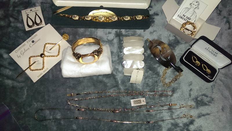 Earrings (14k gold), bracelets, eyeglass holders, misc.
