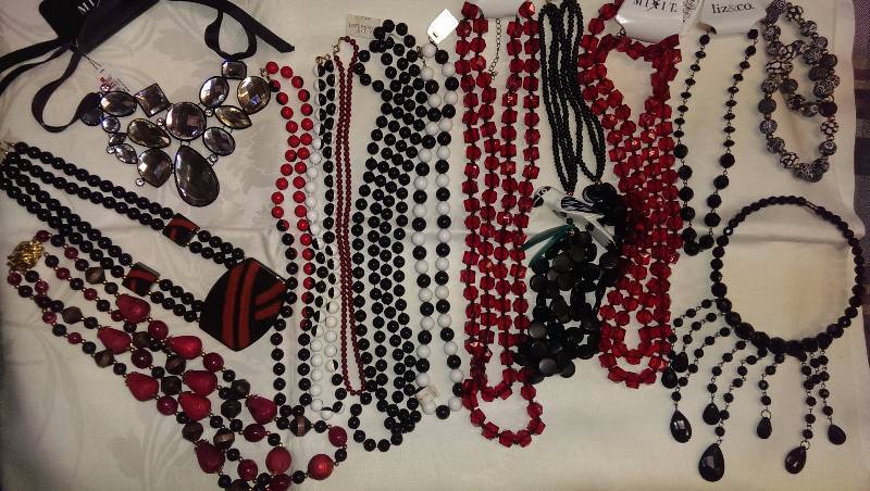 Large variety of beaded necklaces and bracelets.