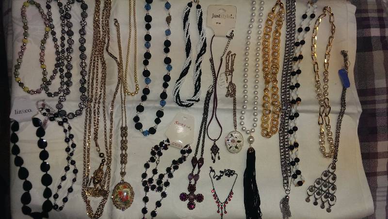 Large variety of necklaces and bracelets, and earrings.