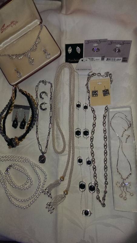 Variety of necklaces, bracelets, earrings, and two rings (sterling silver).