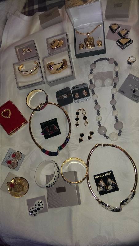 Variety of necklaces, bracelets, earrings, pins and a ring (sterling silver).