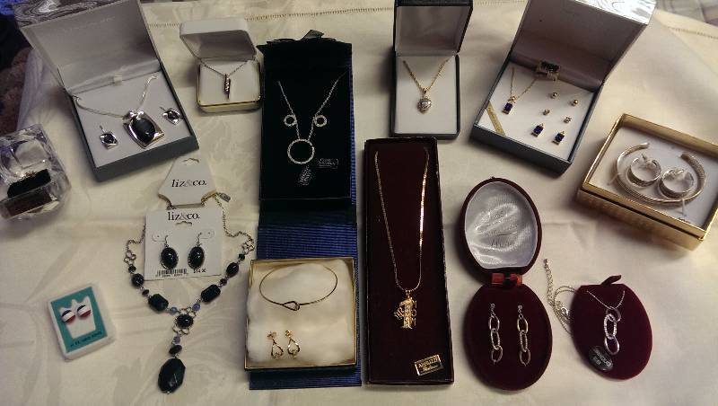 Variety of necklaces, bracelets, earrings, and ring sets. (Some gold and sterling silver).