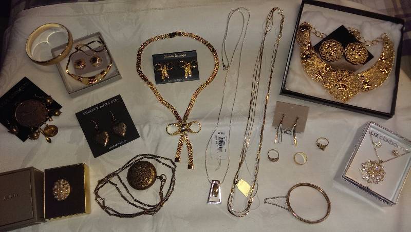Variety of necklaces, bracelets, earrings, pins and ring sets. (Some sterling silver).