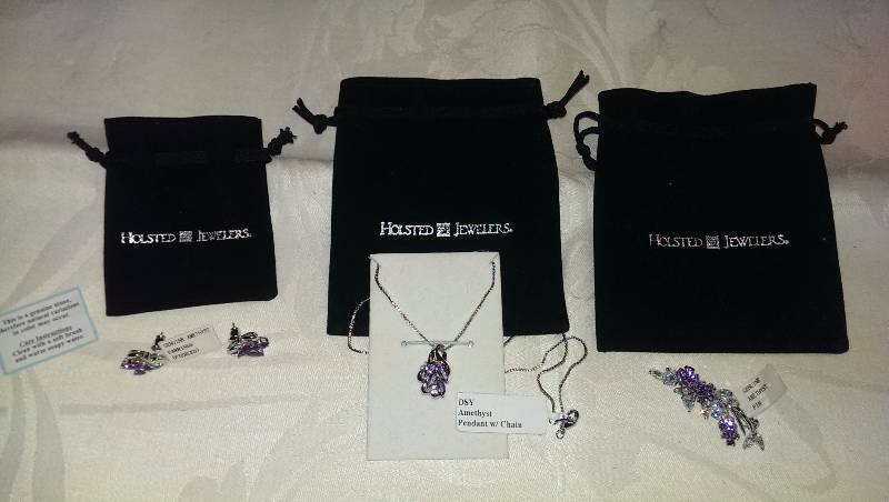 Genuine sterling silver and amethyst earrings, necklace and pin set.