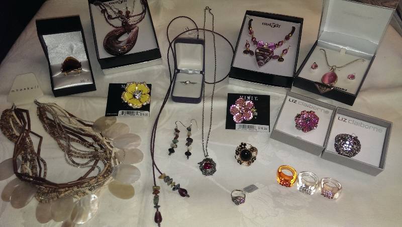 Variety of necklaces, earrings, and ring sets. (Some sterling silver).