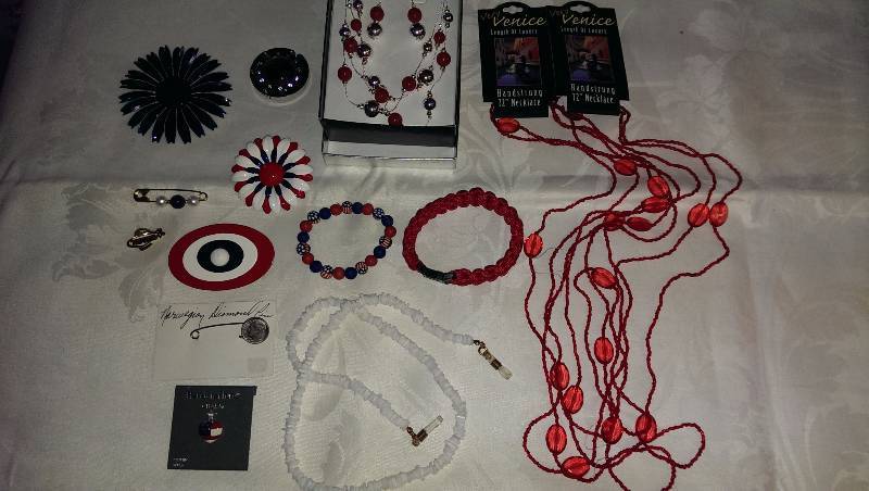 Variety of deco pins, necklaces, bracelets and eyeglass holders