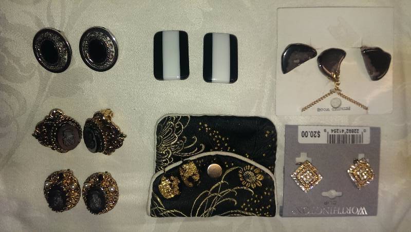Variety of clip-on earrings (as well as a petrified wood set )
