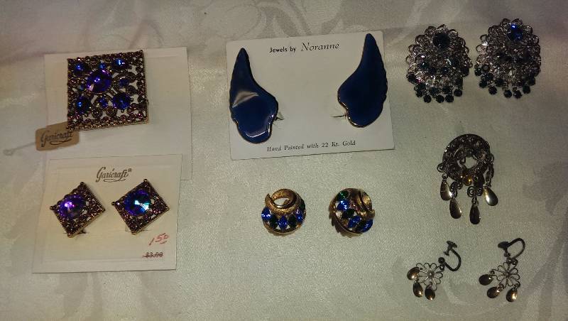 Variety of clip-on earrings and pins (some gold and sterling silver)