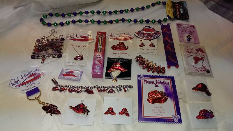 Variety of Red Hat Society jewelry