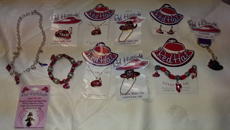 Variety of Red Hat Society jewelry