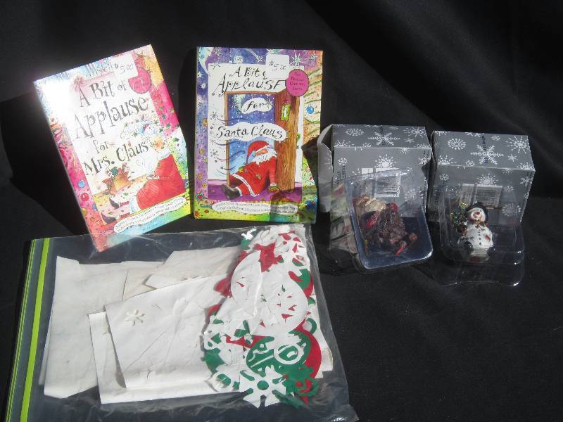 lot 475 image: Christmas Lot - 2 Resin Ornaments, 2 Christmas Books and Really Cute Window Stickup