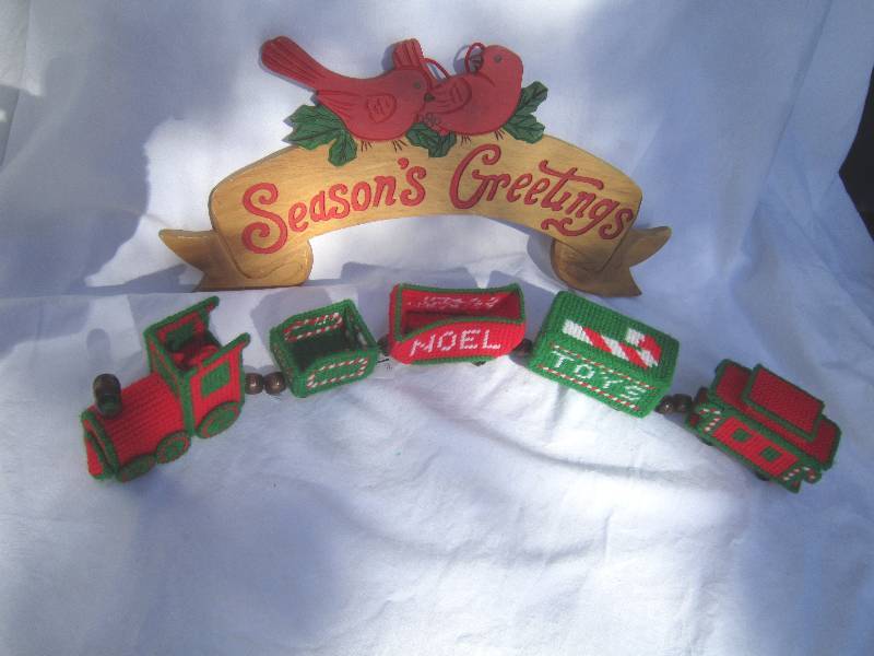 lot 432 image: Christmas - Seasons Greeting Sign and Needlepoint Train