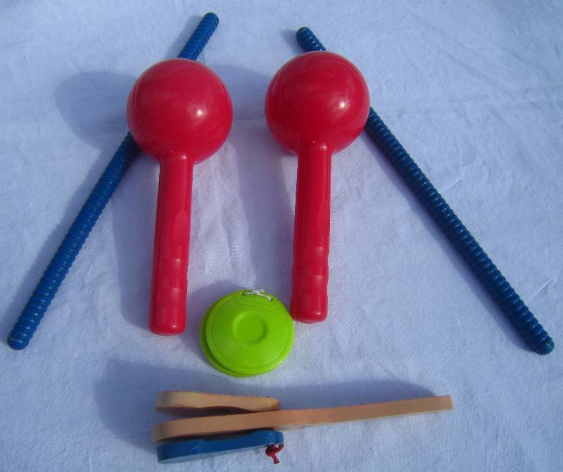 lot 663 image: Maracas, Blue Rhythm Sticks, Castanet, Clapper