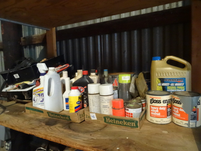 Shelf of Paint, Rollers, Oil, Cleaners