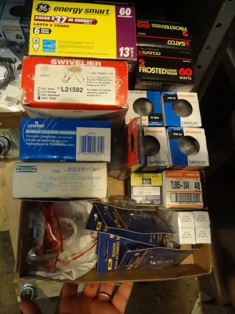 Shelf of Misc Lamps, Fixtures. Rg. Cable