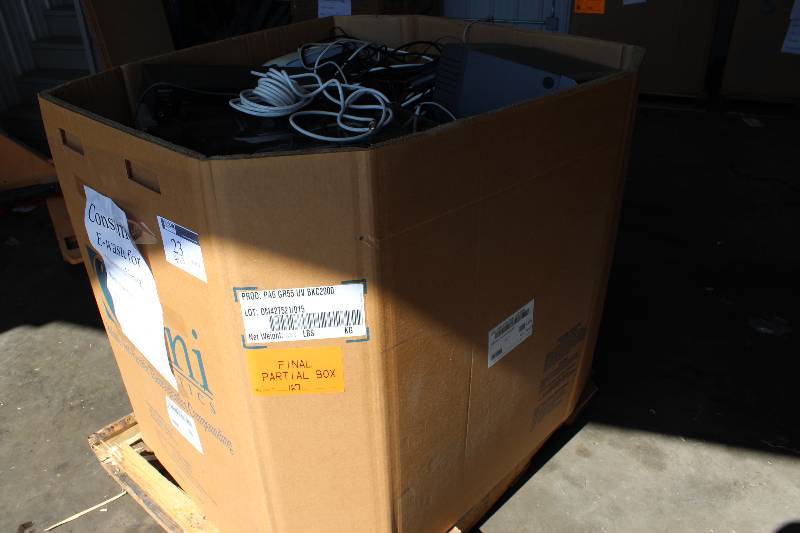 lot 23 image: Gaylord Box Lot of Used Electronics Including Printers, DVD Player, Audio Speakers, And More 446lbs Total Weight.