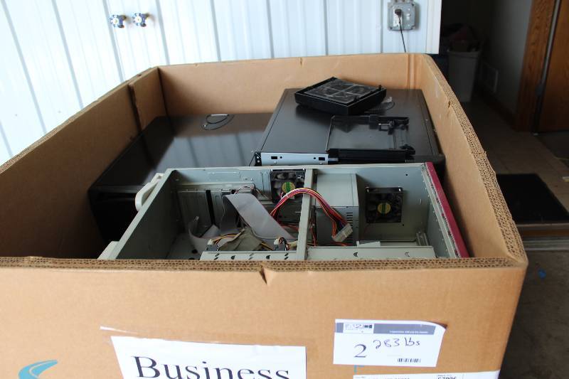 lot 2 image: Gaylord Box Lot of Used Electronics Including Desktop Computer Towers, Computer Tower Case, And More 283lbs Total Weight.