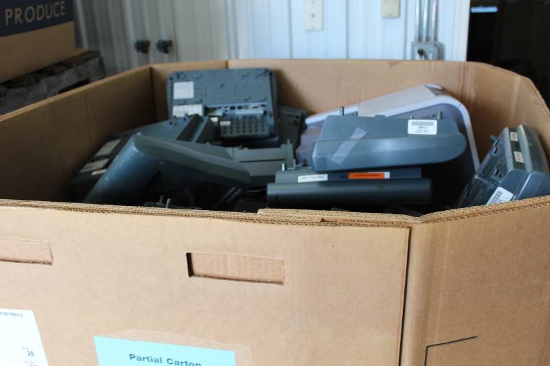 lot 29 image: Gaylord Box Lot of Used Electronics Including Touch Screen Computer Monitors, Laser Printer, And More 468lbs Total Weight.