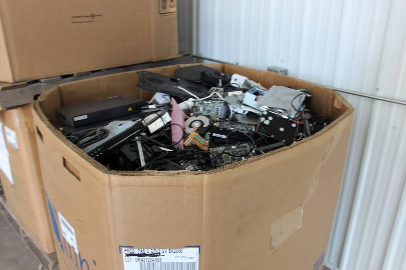lot 31 image: Gaylord Box Lot of Used Electronics Including DirectTV Box Curtis DVD1041 DVD Player, Computer Parts & Hardware, And More 651lbs Total Weight.