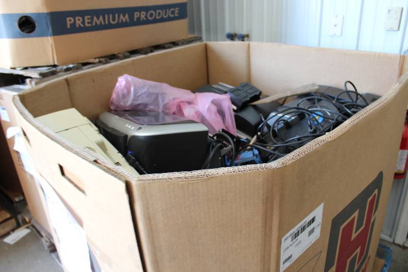 lot 7 image: Gaylord Box Lot of Used Electronics Including Multi-Function Printer, Electronics Cables, Printer, Surge Protector, Electronics Hardware, And More 424lbs Total Weight.