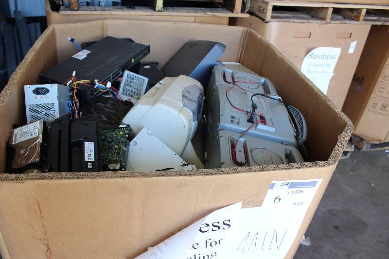 lot 6 image: Gaylord Box Lot of Used Electronics Including AMFM Boom Box, Networking Equipment, Printer, Multi-Function Printer, And More 338lbs Total Weight.