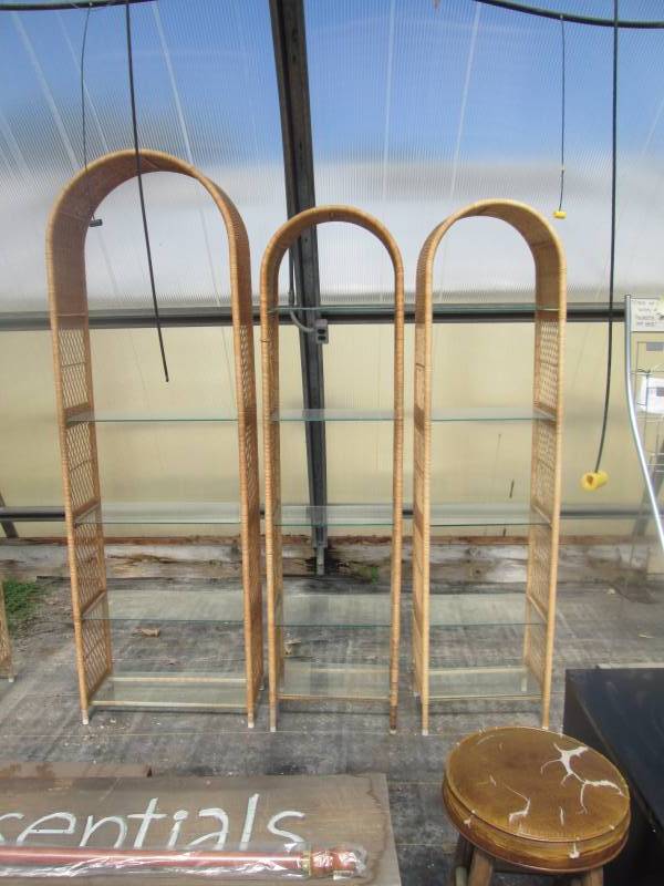 3 Wicker Stands with Glass Shelves