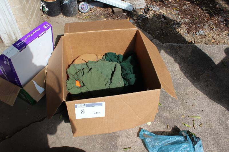 Box Lot Of Hunting Gear Including Master Sportsman Rugged Outdoor Gear Hunting Jacket Shirts And More.