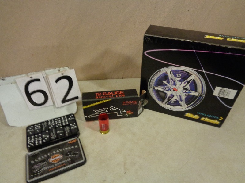 lot 62 image: Wheel Hub Clock, Shot Glasses, Harley Dominos