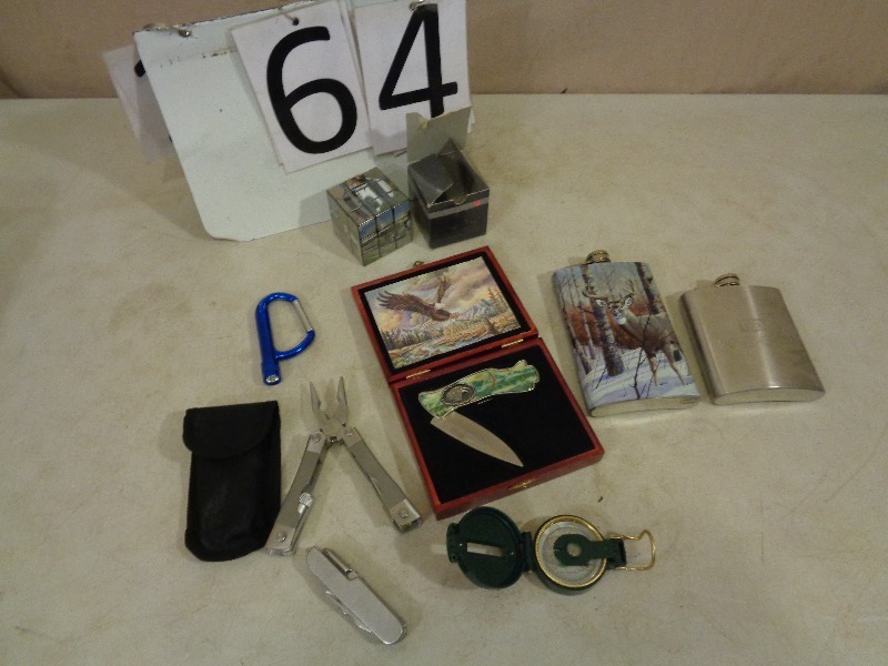 lot 64 image: Flasks, Knife, Compass, Multitool and More