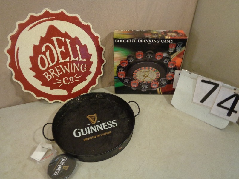 lot 74 image: Roulette Drinking Game, Metal Beer Sign, and More