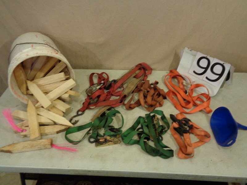 lot 99 image: Bucket of Wood Stakes and Assorted Straps
