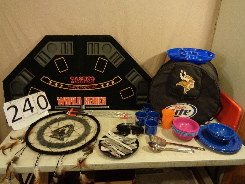 lot 240 image: Poker Tabletop, Miller Lite Viking Cooler, and More