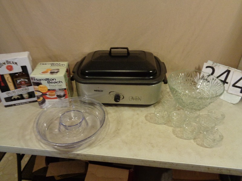 lot 244 image: Large Roaster, New Breakfast Sandwich Maker, Punch Bowl, and More