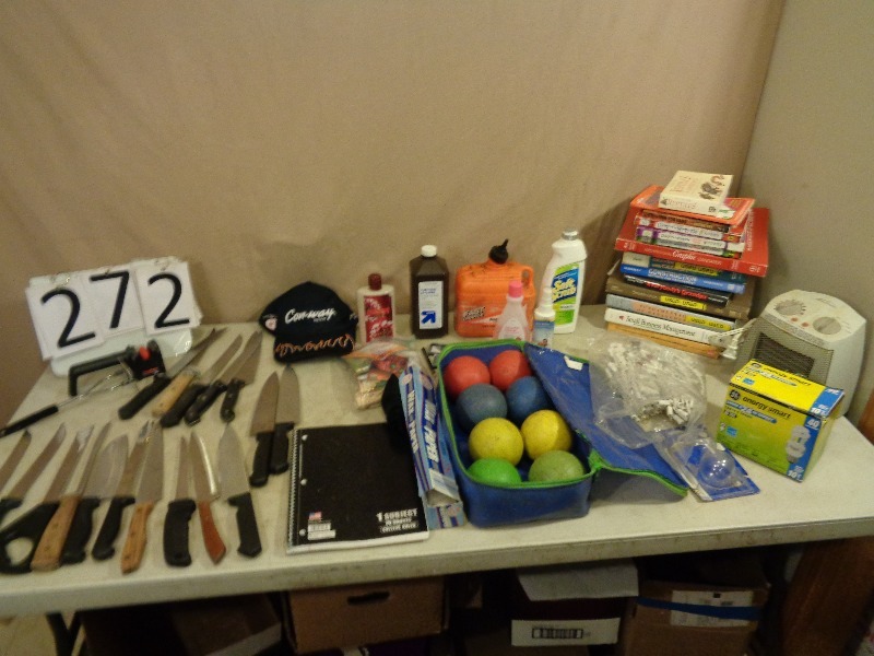 lot 272 image: Bocci Ball, Kitchen Knives, Space Heater, Books, Etc