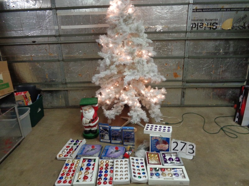 lot 273 image: Prelit Christmas Tree, Ornaments, Icicle Lights, and More