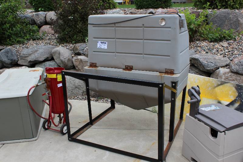 lot 2 image: Lot of (4) Including ALC Sandy Jet Abrasive Sand Blaster wCart, Model F-100DM 40002 Sand Blaster Cabinet wStand 55 Gallon Drum Barrel wSand Blaster Medium Contents 55 gallon drum barrel cart.