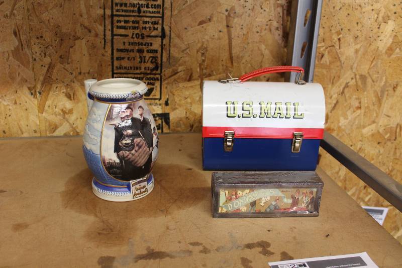 lot 22 image: Vintage Collectibles Lot of (3) Including U.S. Mail Lunch Box wThermos Bottom Of The Sixth By Norman Rockwell Vase Dominos Set wOriginal Packaging.