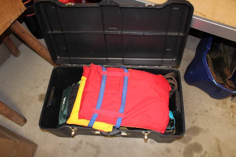 lot 30 image: Lot of (7) Including Life Vests, app. 4 ct Rope Cooler Tool Box, 17.5 x 32 x 13.