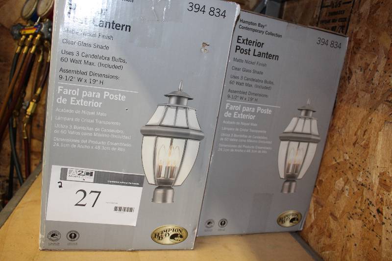 lot 27 image: Lot of (2) Hampton Bay Exterior Post Lantern Matte Nickel Finish Clear Glass Shade.