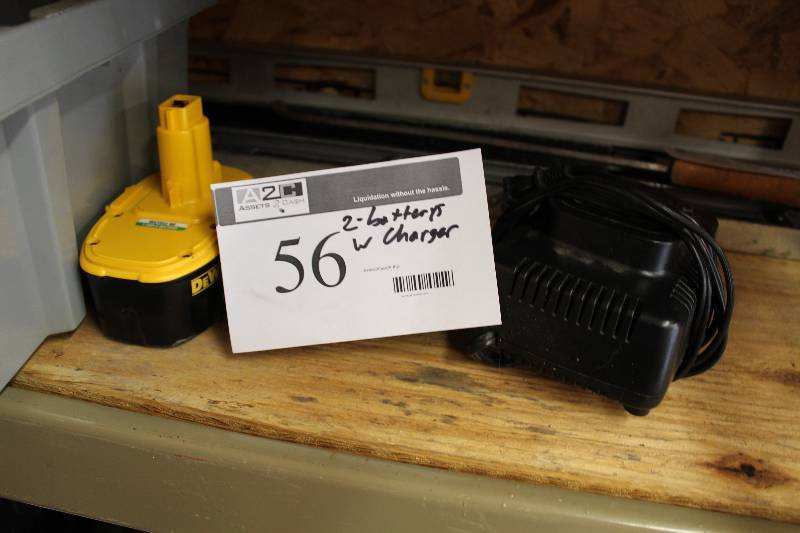 lot 56 image: Lot of (2) DeWalt 18V Batteries DW9116 7.2V-18V NiCd Charger, 1 year old.
