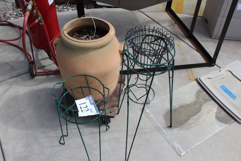 lot 122 image: Lot of (4) Including Metal Planters Stands (3) Clay Flower Pot.