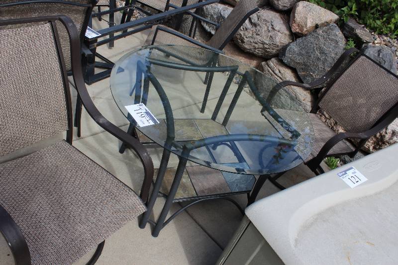 lot 119 image: Patio Furniture Lot Including Circular Glass Table wMetal Frame, 42 x 42 x 26 Chairs (2).