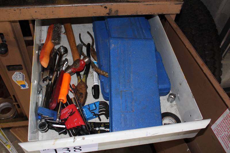 lot 138 image: Drawer Lot Including 21 Piece 14 Drive Socket Wrench Set 34 Drive Socket Wrench Set Pliars And More.